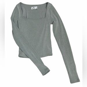 Hollister Gray Long Sleeve Ribbed Stretch Top Square Neck